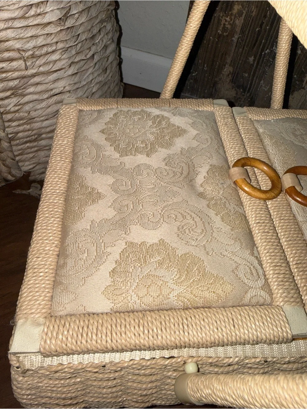 Vintage Woven Wicker Sewing Basket With Dual/Hinged Lid And Cream Tapestry Top
